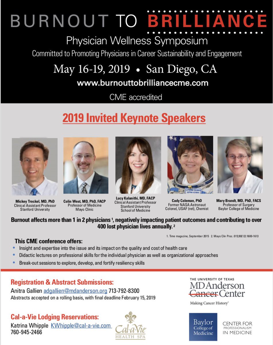 Alicia Kowalski MD (@aliciakowalski7) on Twitter photo call for registration and abstracts. #physicianwellbeing <a href="/MDAndersonNews/">MD Anderson Cancer Center</a> with <a href="/bcmhouston/">BCMHouston</a> incredible speaker lineup.
burnouttobrilliancecme.com
<a href="/BtoBrilliance/">BurnouttoBrilliance</a> <a href="/DrHowardLiu/">Howard Liu, MD MBA</a> @mcquadeMDLAc <a href="/drmlb/">Mary L. Brandt, MD, MDiv</a> <a href="/StanfordWellMD/">Stanford WellMD & WellPhD</a> <a href="/JulieSilverMD/">Julie Silver, MD</a> <a href="/CarinHagberg/">Carin Hagberg, MD</a> <a href="/ppisters/">Peter WT Pisters, MD</a> <a href="/theNAMedicine/">National Academy of Medicine</a> <a href="/IzzoJulie/">Julie Izzo</a> call for registration and abstracts. #physicianwellbeing <a href="/MDAndersonNews/">MD Anderson Cancer Center</a> with <a href="/bcmhouston/">BCMHouston</a> incredible speaker lineup.
burnouttobrilliancecme.com
<a href="/BtoBrilliance/">BurnouttoBrilliance</a> <a href="/DrHowardLiu/">Howard Liu, MD MBA</a> @mcquadeMDLAc <a href="/drmlb/">Mary L. Brandt, MD, MDiv</a> <a href="/StanfordWellMD/">Stanford WellMD & WellPhD</a> <a href="/JulieSilverMD/">Julie Silver, MD</a> <a href="/CarinHagberg/">Carin Hagberg, MD</a> <a href="/ppisters/">Peter WT Pisters, MD</a> <a href="/theNAMedicine/">National Academy of Medicine</a> <a href="/IzzoJulie/">Julie Izzo</a>