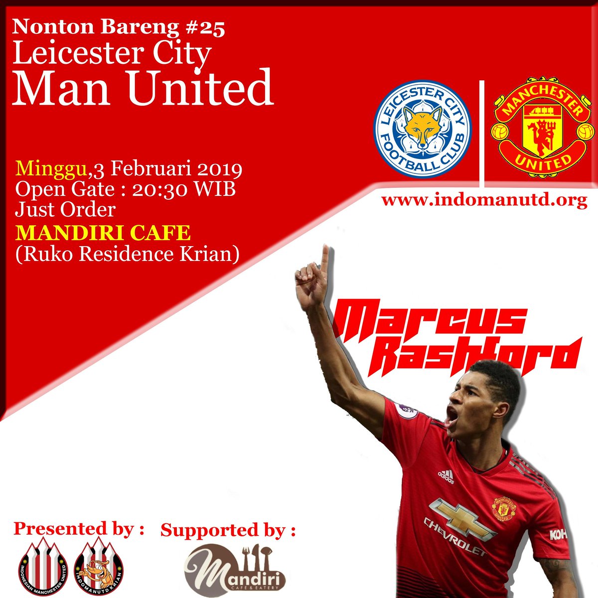 Nobar Indomanutd Krian 
.
.
🏆 Premiere League #25
⚽ <a href="/LCFC/">Leicester City</a> vs <a href="/ManUtd/">Manchester United</a>
🗓 Minggu,3 Februari2019
🕙 Open Gate 20:30 WIB
📍 Mandiri Cafe (Ruko Mandiri Residence/Depan Alfamart)
💰 Free (just order)
.
.
#Indomanutdkrian#krian#nobar#infonobar#infonobarsda