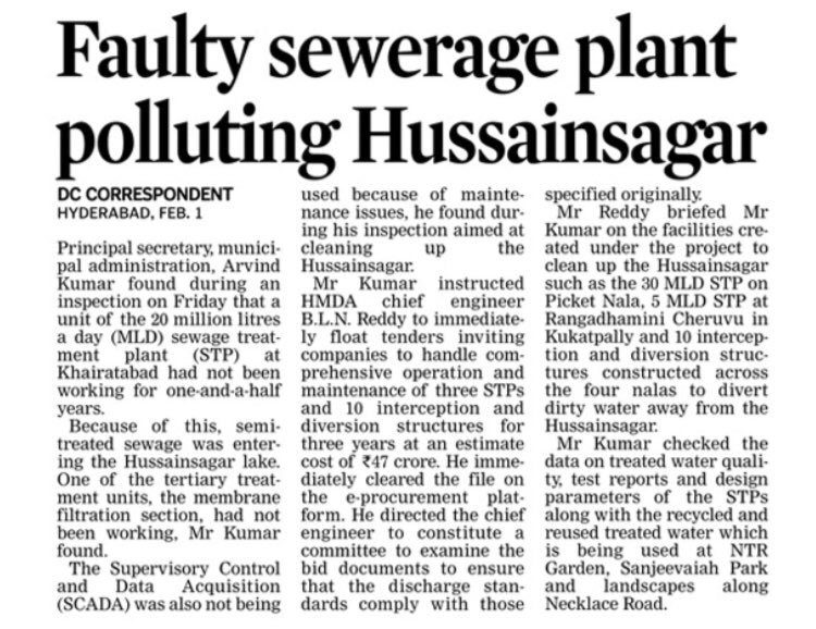 Prl Secy Sri <a href="/arvindkumar_ias/">Arvind Kumar</a> reviewed the functioning of STPs along Hussain Sagar yesterday and instructed <a href="/HMDA_Gov/">HMDA</a> CE to call for tenders for maintenance of the 3 STPs to ensure treated water is discharged into Hussain Sagar.