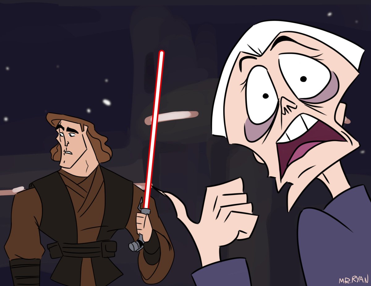 'Well uh Palpatine just tossed me this lightsaber and asked me to, y'know. Do it'