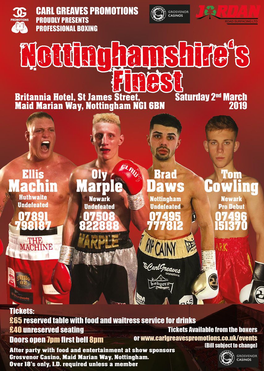gbboxingvoice's tweet photo. 4 weeks till Newark's Tom Cowling makes his pro debut on @CarlGreavesPro 'Nottinghamshire's Finest' also featuring @BradDaws2 @EllisMachin3 and Terry Maughan #CGP #supportyourlocalfighters #Nottsboxing #TenYearChallenge
https://t.co/uE34U8mANU https://t.co/BPqkwUuFNR