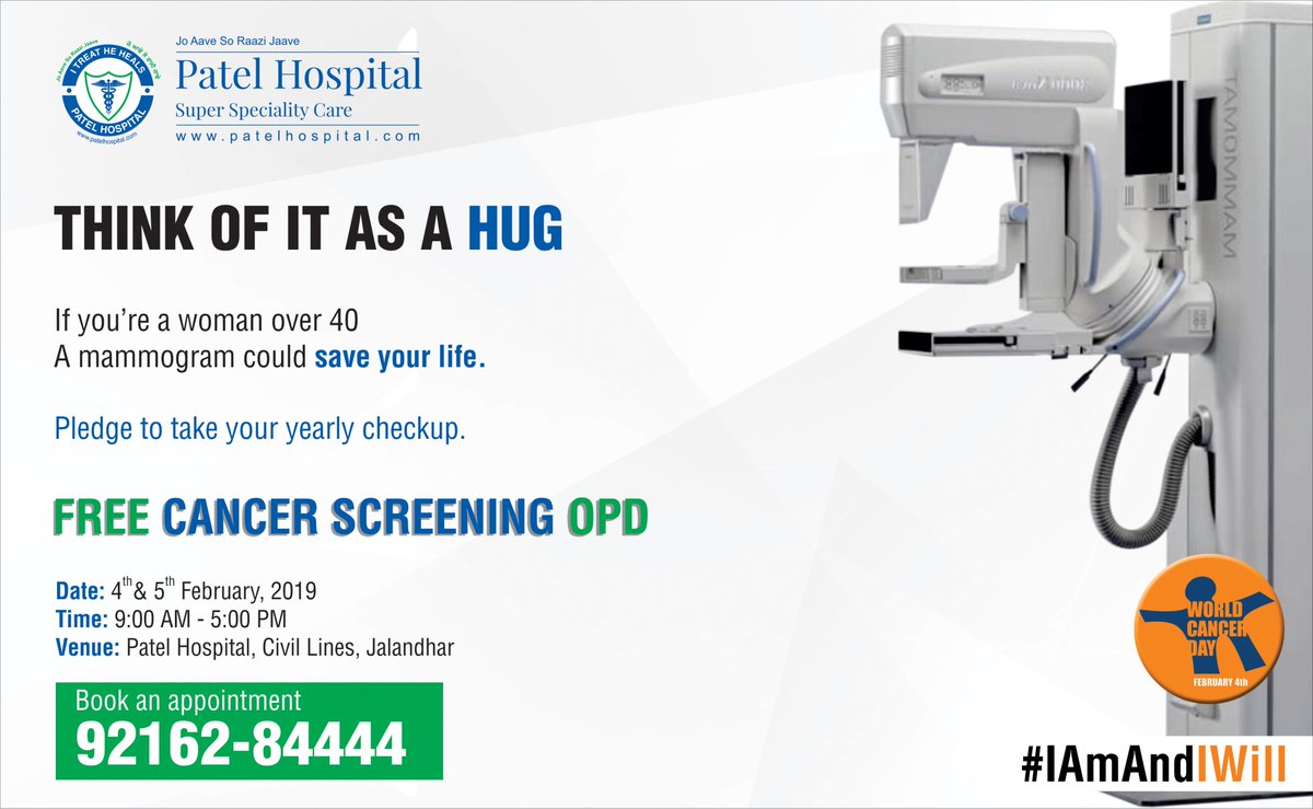Deepu6507's tweet image. @PATELHOSPITALJL 

THINK OF IT AS A HUG
 If you're a woman over 40
 A mammogram could save your life.
 Pledge to take your yearly checkup.
 #ReduceYourRisk
 #CancerCare
 #PledgeToday
 #WorldCancerDay
 #IAmAndIWill
 #PatelHospitalJalandhar
 #JoAaveSoRaaziJaave