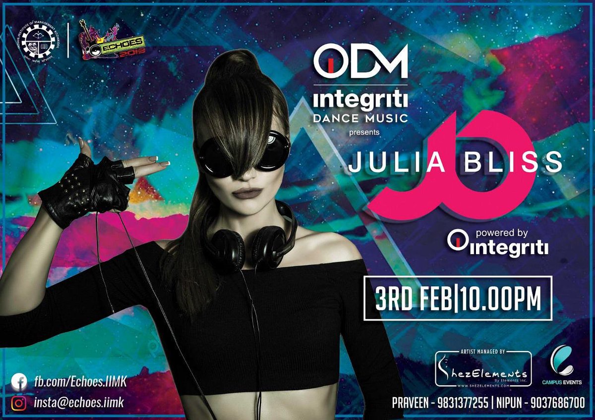 Get ready to feel the beats at Echoes '19 in God's Own Kamps, IIM Kozhikode!
Integriti Dance Music presents Julia Bliss, powered by Integriti, Live at IIM Kozhikode on 3rd Febraury '19!
#Integriti #IDM #JuliaBliss #IIMK #Echoes19 #YoungWilfDree