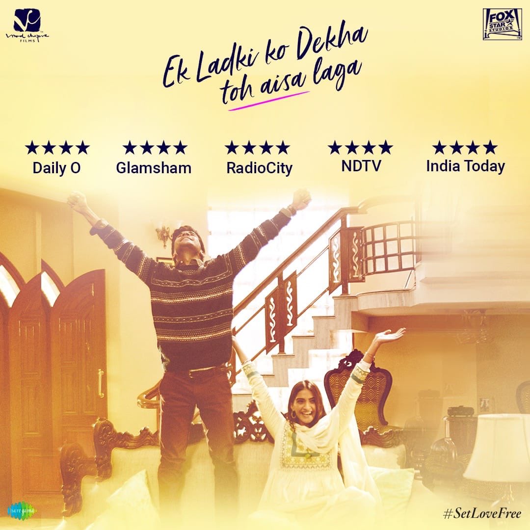 ShellyCDhar's tweet photo. Humbled, excited, thrilled, grateful - so many emotions all at once, thank you for all the love.  And yes it’s about time we #SetLoveFree #EkLadkiKoDekhaTohAisaLaga @AnilKapoor @sonamakapoor @RajkummarRao @RochakTweets @gazalstune @WineDineGuru @VVCFilms @ReginaCassandra https://t.co/25h2BG0JuI