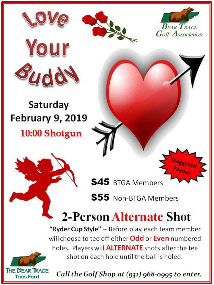 BearTraceTF's tweet photo. Looks like the weather is finally turning a little better the next several days.  Don't forget about the BTGA's "Love Your Buddy" Tournament scheduled for Saturday, February 9th at 10:00!  Check out the remainder of the schedule below. @tngolftrail @tnstateparks @TNgolf @TennPGA https://t.co/k4Su0zPQ4i