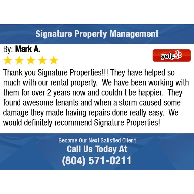 SignatureSPM's tweet image. 5 Star: Mark A. "Thank you Signature Properties!!! They have helped so much with our rental property.  We have..." bit.ly/2gqYfZW