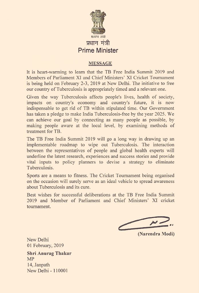 THANKYOU 🇮🇳 PRIME MINISTER @narendramodi ji for your firm commitment towards #TBfreeIndia 2025 and expressing your full support for our initiative #INDIAvsTB 2019.

We are immensely grateful and determined to achieve the target 5 years ahead of the world.
