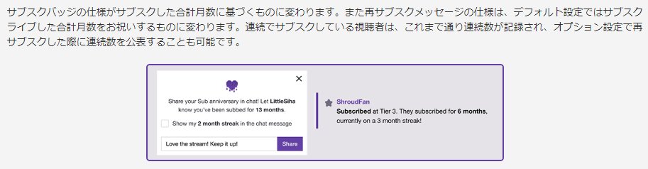 Shobosuke しょぼすけ Twitchのサブスクライブの使用が変わります 今まで サブを辞めてから1ヶ月以内に 継続登録をすることで 連続サブスクライブ が記録されていた これから サブを辞めてから1ヶ月経った後でも 再度サブすることで 累計