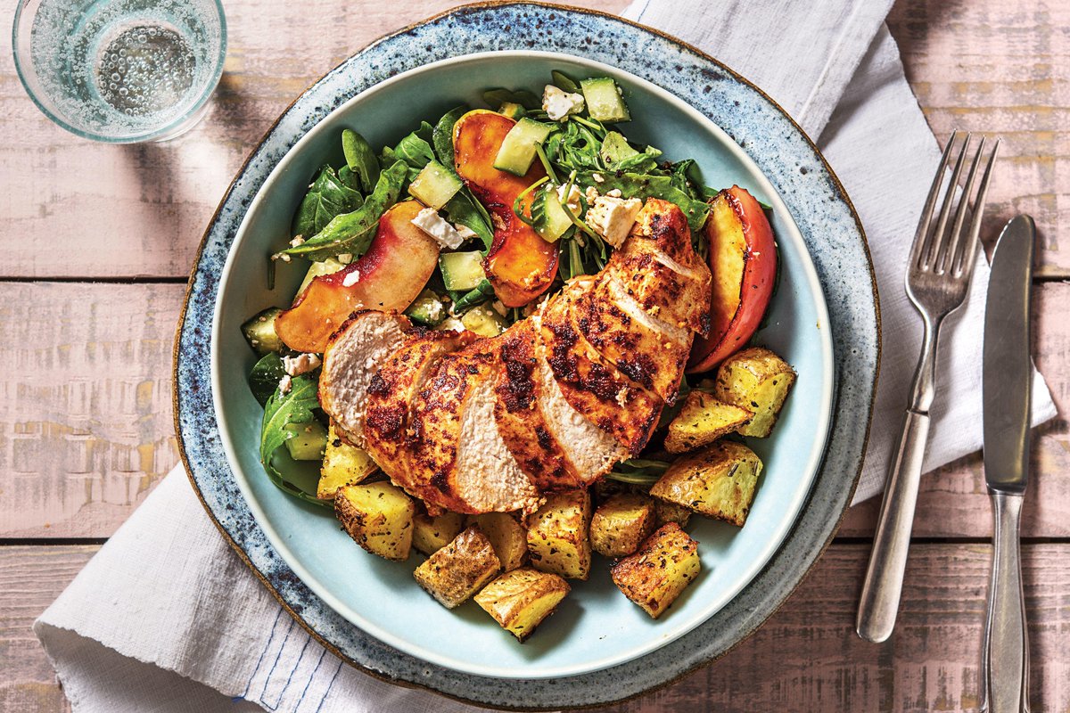 This colourful feast packs flavour into every bite, with a sweet and spiced marinade for the tender chicken, plus herby roasted potatoes and a fresh salad starring caramelised peaches. You'll enjoy every last bite of this summer meal! ›› hellofr.sh/E8E