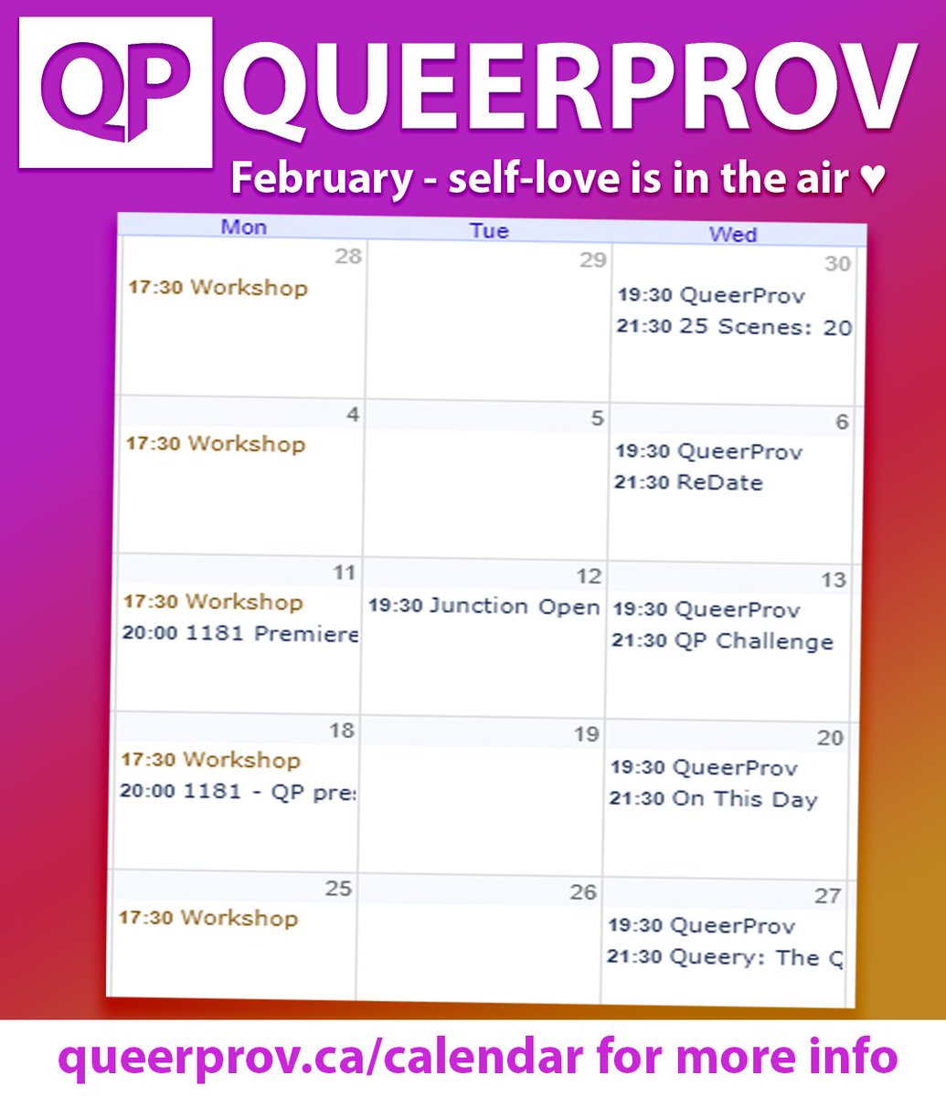 queerprov's tweet image. Time to say "I love you" to that beautiful person in the mirror. This February we have even more shows to incorporate into your self-care habits. See you soon! 💜 queerprov.ca/calendar

#YaaasAnd #lgbtq #queer #comedyclub #thingstodoinvancouver #yvr #events