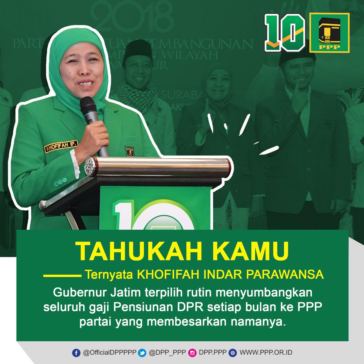 DPP_PPP's tweet photo. Guberner Jatim terpilih @KhofifahIP rutin menyumbangkan seluruh gaji pensiunannya DPR setiap bulan ke PPP partai yang membesarkan namanya, beliau adalah salah satu keder terbaik PPP. 

#PPP10Sempurna #10Lewat10 #Khofifah #PPP3Besar https://t.co/sgjMXZ2per