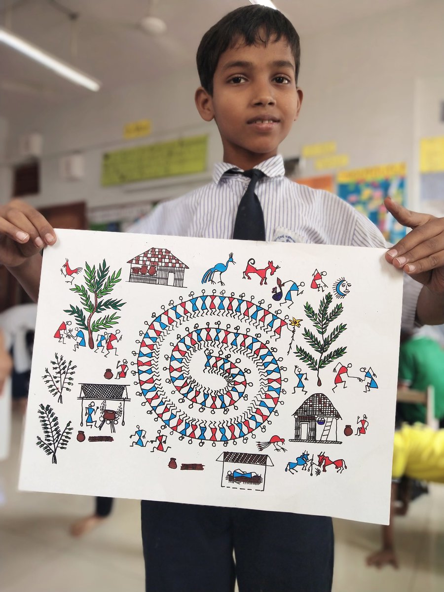 prashamparikh's tweet photo. This kid told me today that Warli paintings are better with colours! #SaturdayArtClass https://t.co/cH13GmTYTU