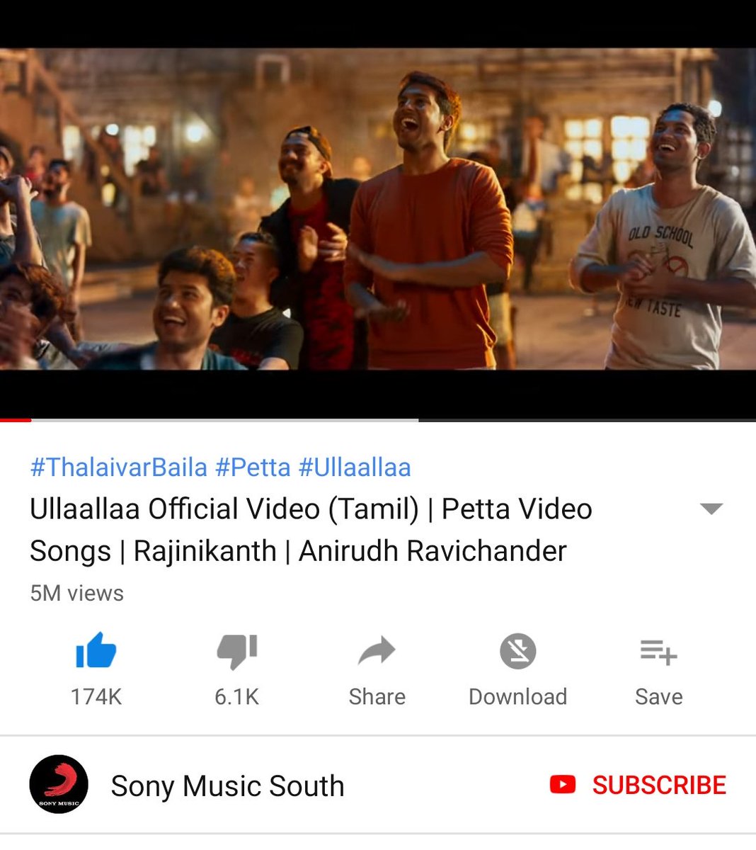 While we are still in hangover of #ThalaivarAattam #MaranaMassVideoSong,#thalaivarbaila #ullaallafullvideosong hits 5 million views😍😍
#THALAIVAR for a reason
#NammaThalaivarSwag 
#RajiniEngalThalaivar