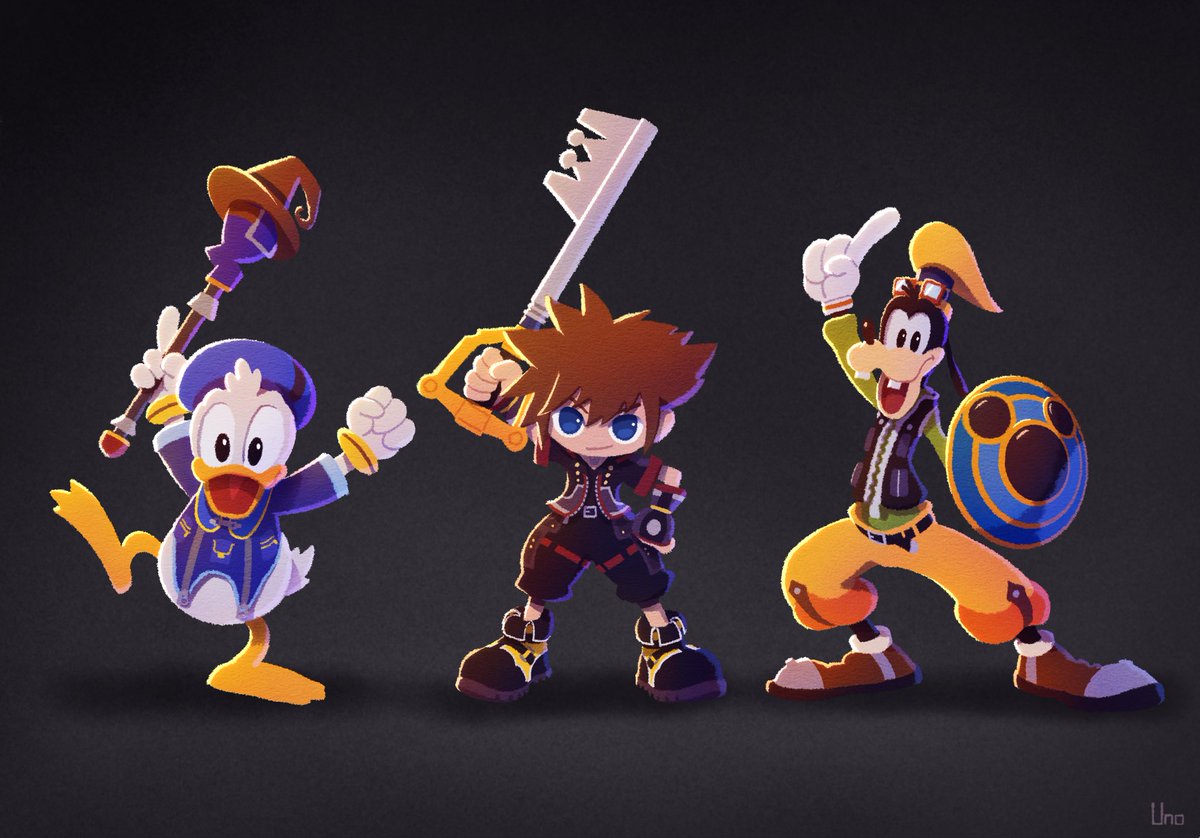 sora (kingdom hearts) multiple boys brown hair gloves male focus weapon spiked hair 3boys  illustration images