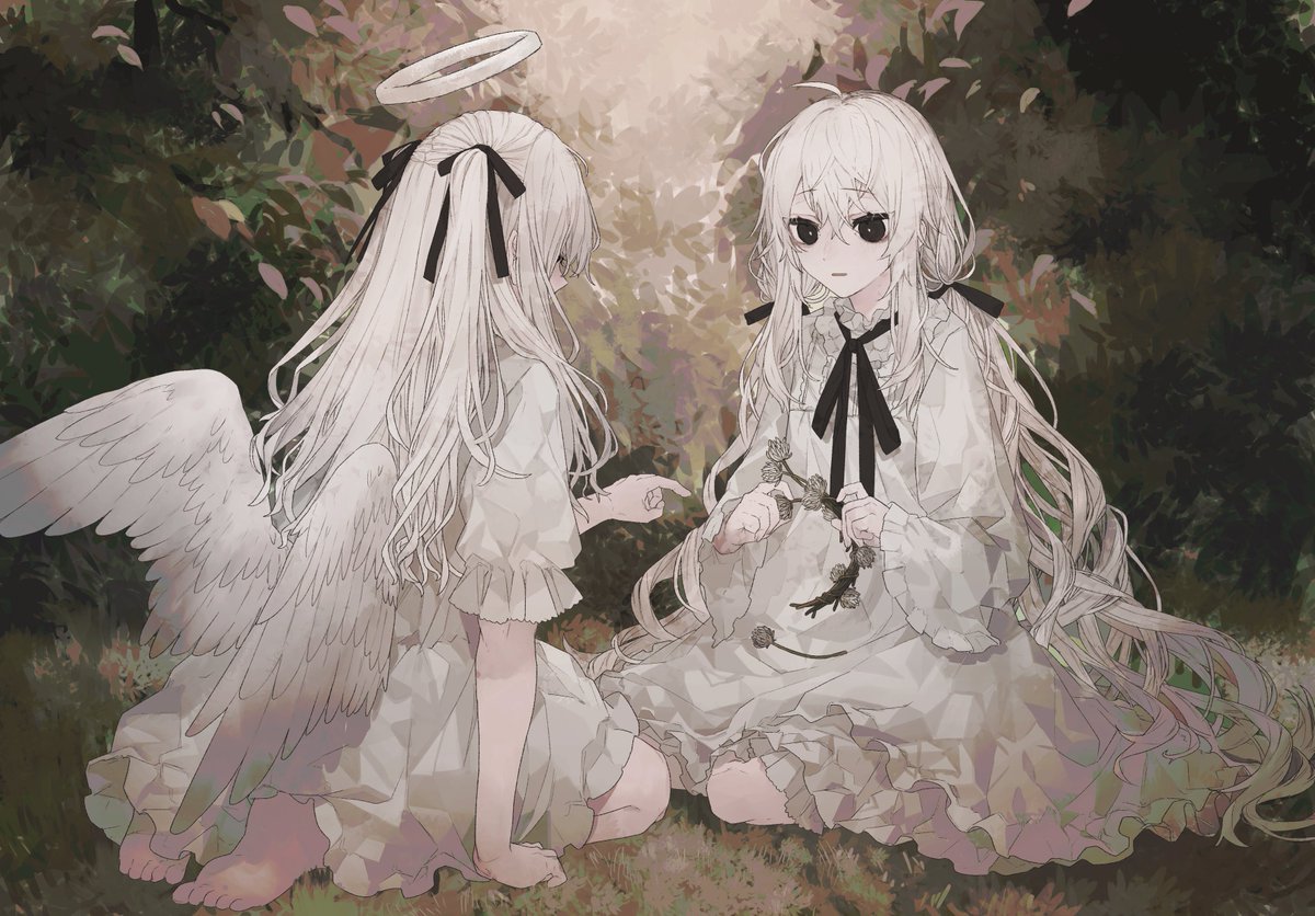 multiple girls 2girls dress long hair wings halo angel wings  illustration images