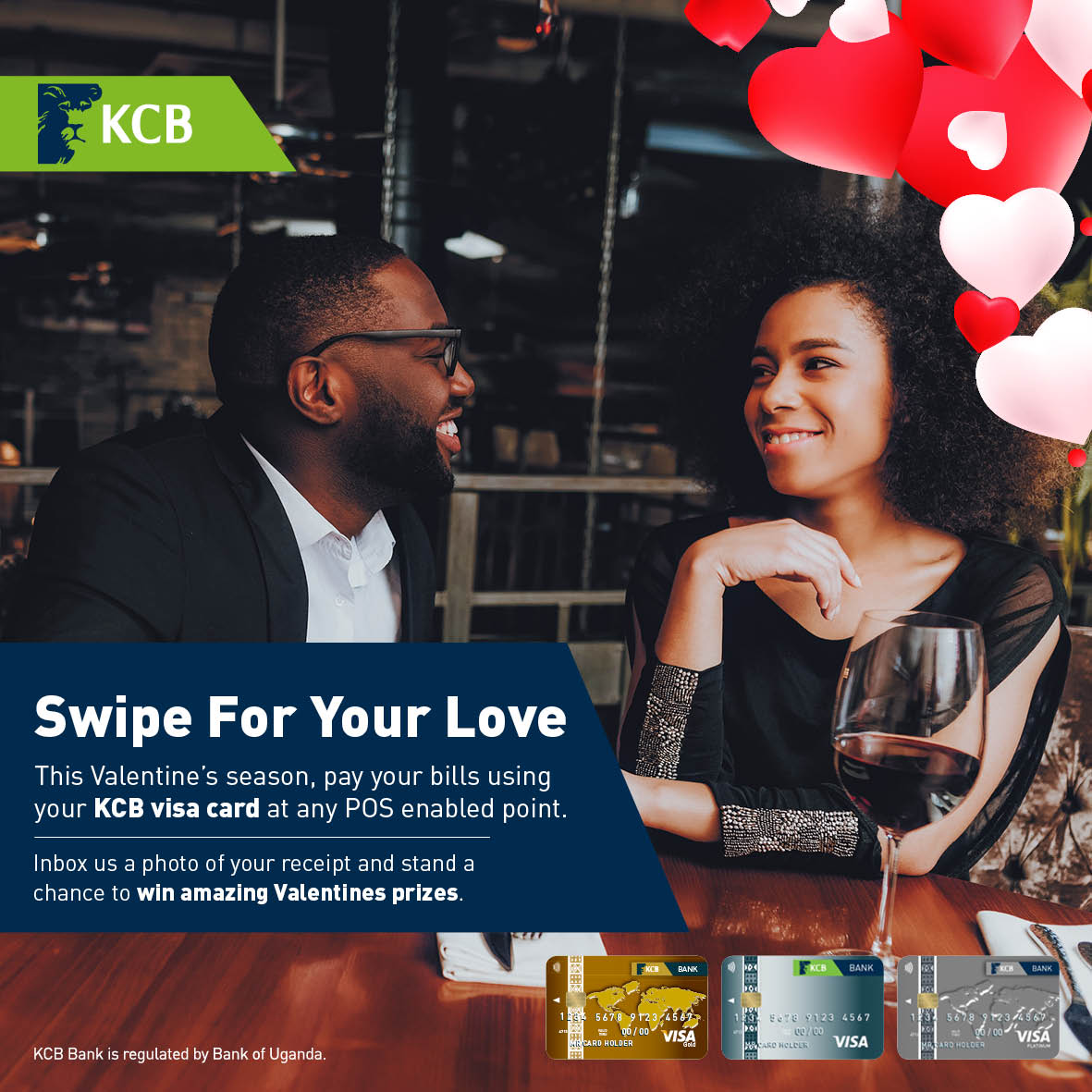 kcbbankug's tweet photo. What better way to impress your bae than winning a dinner for her? 
Swipe with your Visa Card at any POS enabled point and inbox us a picture of your receipt. 
#SwipeForYourLove https://t.co/85DHFAzoEH