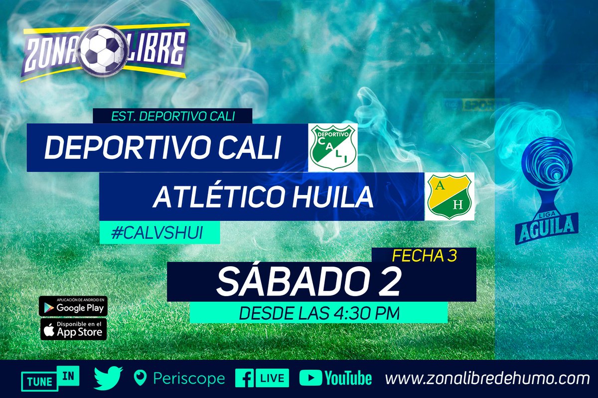 ZonaLibreDeHumo's tweet photo. ESTA TARDE, #ZonaLibreDeHumo, EN VIVO!
⚽️ @AsoDeporCali VS @AtleticoHuilaof
🏟 Estadio Deportivo Cali
📆 Sab ,2 de Feb.
🕑 Desde las 4:30PM
📺 #FacebookLive #Periscope #Youtube
📱#App #Tunein #MyTuner #Streema
#LaLigaConZonaLibreDeHumo #CALVSHUI https://t.co/v2quwhUv6K