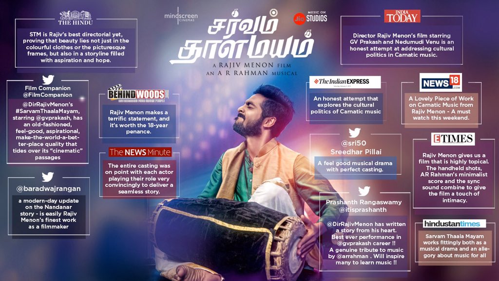 DirRajivMenon's tweet photo. Grateful for all the reviews, enjoy the greatness of music. 
#SarvamThaalaMayam at your nearest theatre. https://t.co/2UISnGqpAg