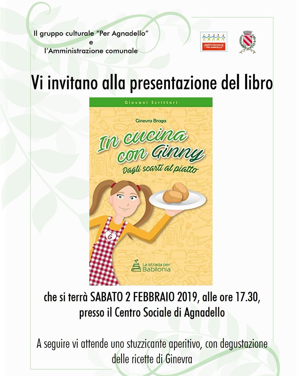 Ricordiamo che oggi alle 17:30 ci sarà la presentazione della piccola Ginevra Braga con il suo "In cucina con Ginny", un ricettario semplice e simpatico che vi insegnerà nuove ricette improbabili divertendovi 😍😁
Sarà presente anche la nostra editrice Alessandra Monaco