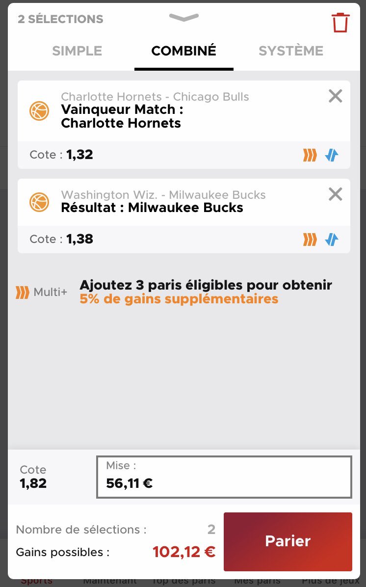 AFPronos10's tweet image. Et voilà enfin l’étape 3 de notre montante ! 🤑
👉🏼 Hornets + Bucks win ✅
Confiance 7/10
Si ça passe on aura valider notre montante en 3 étapes de 20€ -&amp;gt; 100€ 😍🤑
#Teamparieur #teamparieurs #Betclic #Unibet #Montante