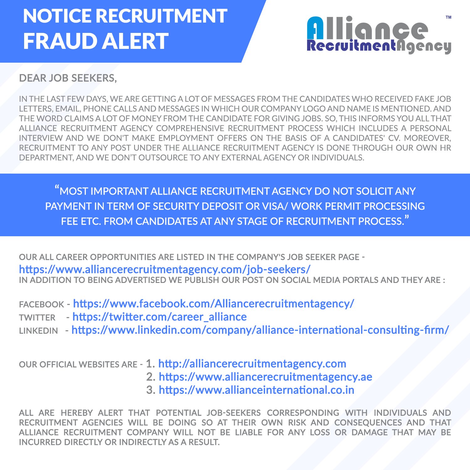 Alliance on X: &ldquo;NOTICE - RECRUITMENT FRAUD ALERT 
