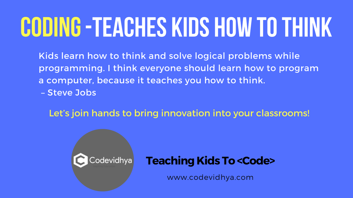 codevidhya's tweet photo. #Coding - Teaches kids how to think! Let's join hands to bring innovation into your classrooms!
#Codevidhya #CodingCurriculumForSchools https://t.co/eI0rORSfdj #Schools #Coding #Technology #Innovation #LifeSkillFor21stCenturyLearners #CodeYourLife https://t.co/FqBqZsWRvC