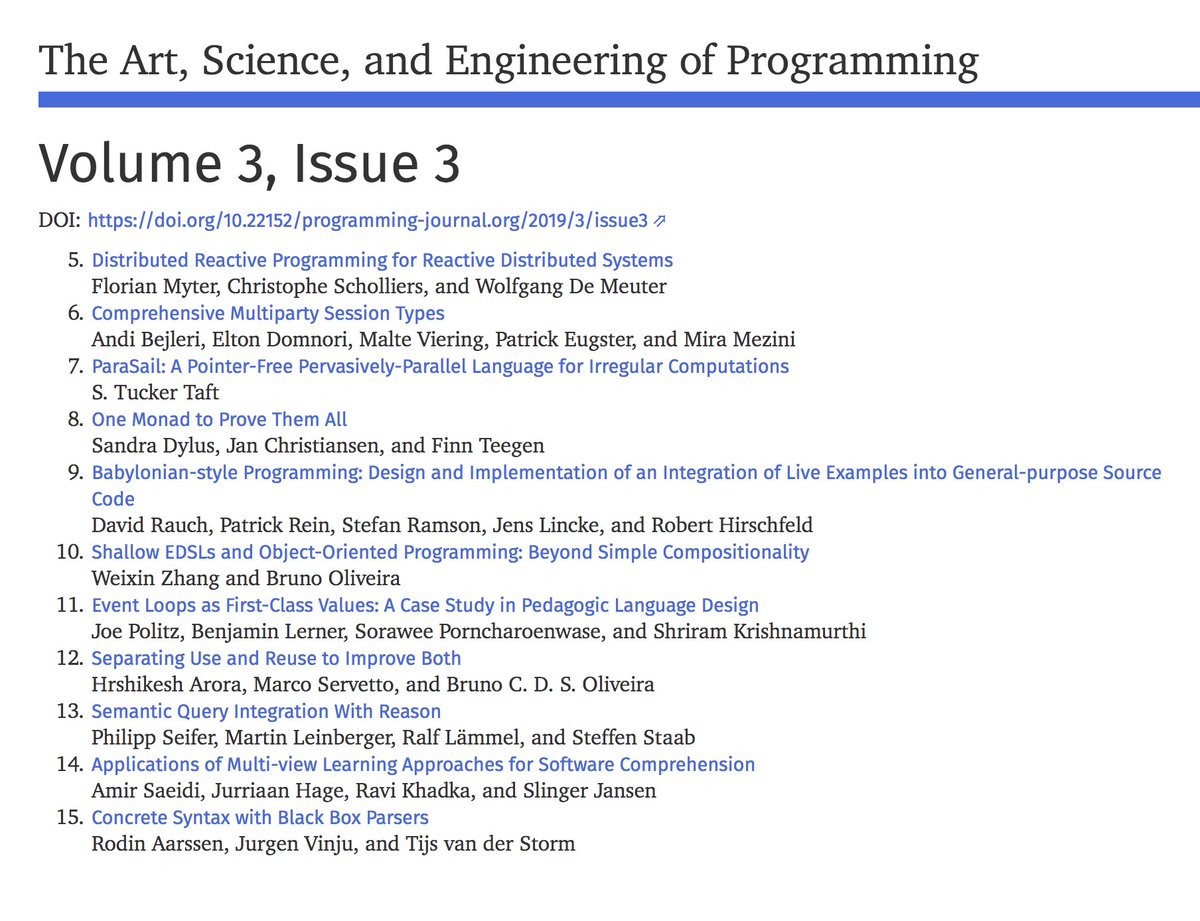 Volume 3, Issue 3 of the #Programming Journal is now online at: doi.org/10.22152/progr…

Next submission deadline is June 1, 2019: programming-journal.org/submission/ 

#research #journal #papers #openaccess