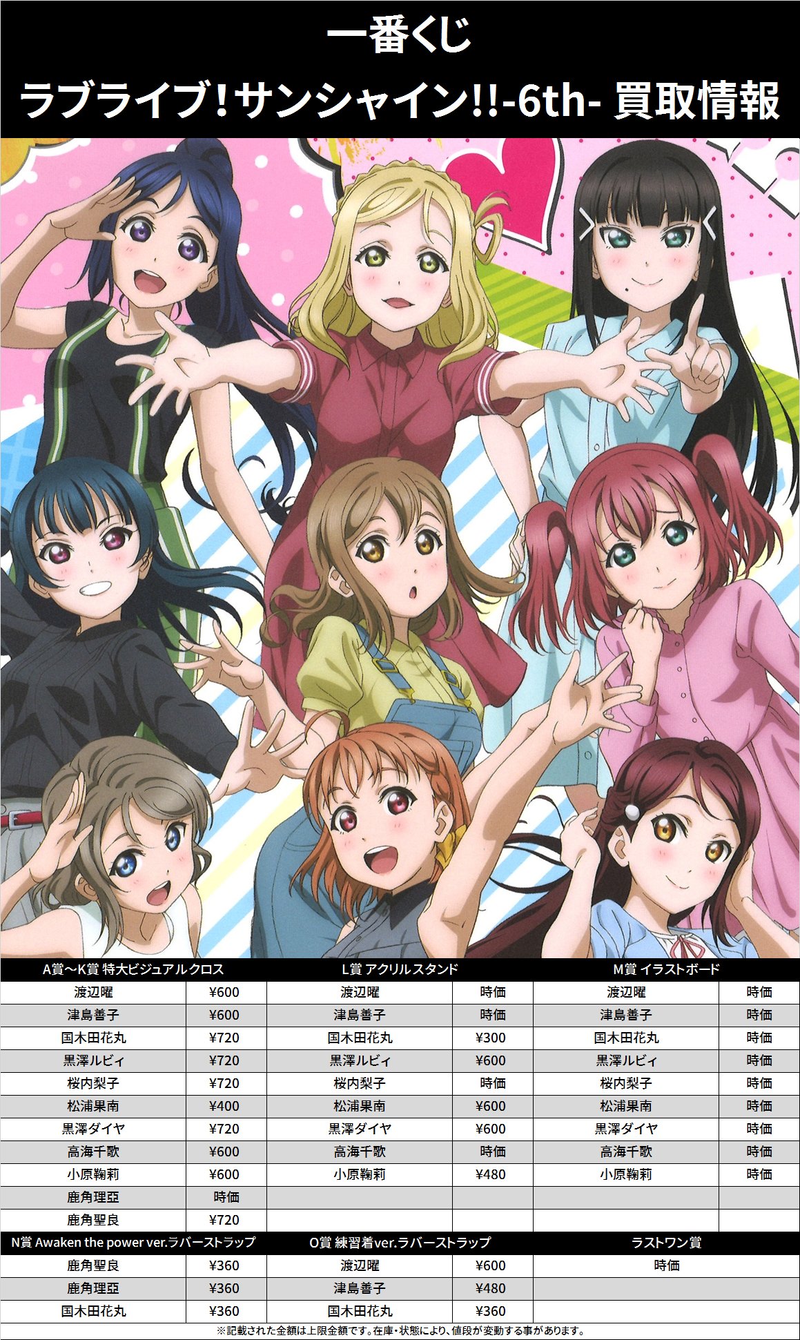K Books 秋葉原ライブ部門 一番くじ ラブライブ サンシャイン 6th 買取情報 A賞 K賞 特大ビジュアルクロス 渡辺曜 600 津島善子 600 国木田花丸 7 黒澤ルビィ 7 桜内梨子 7 松浦果南 400 黒澤ダイヤ 7 高海千歌 600 小原鞠莉 600 Kbooks