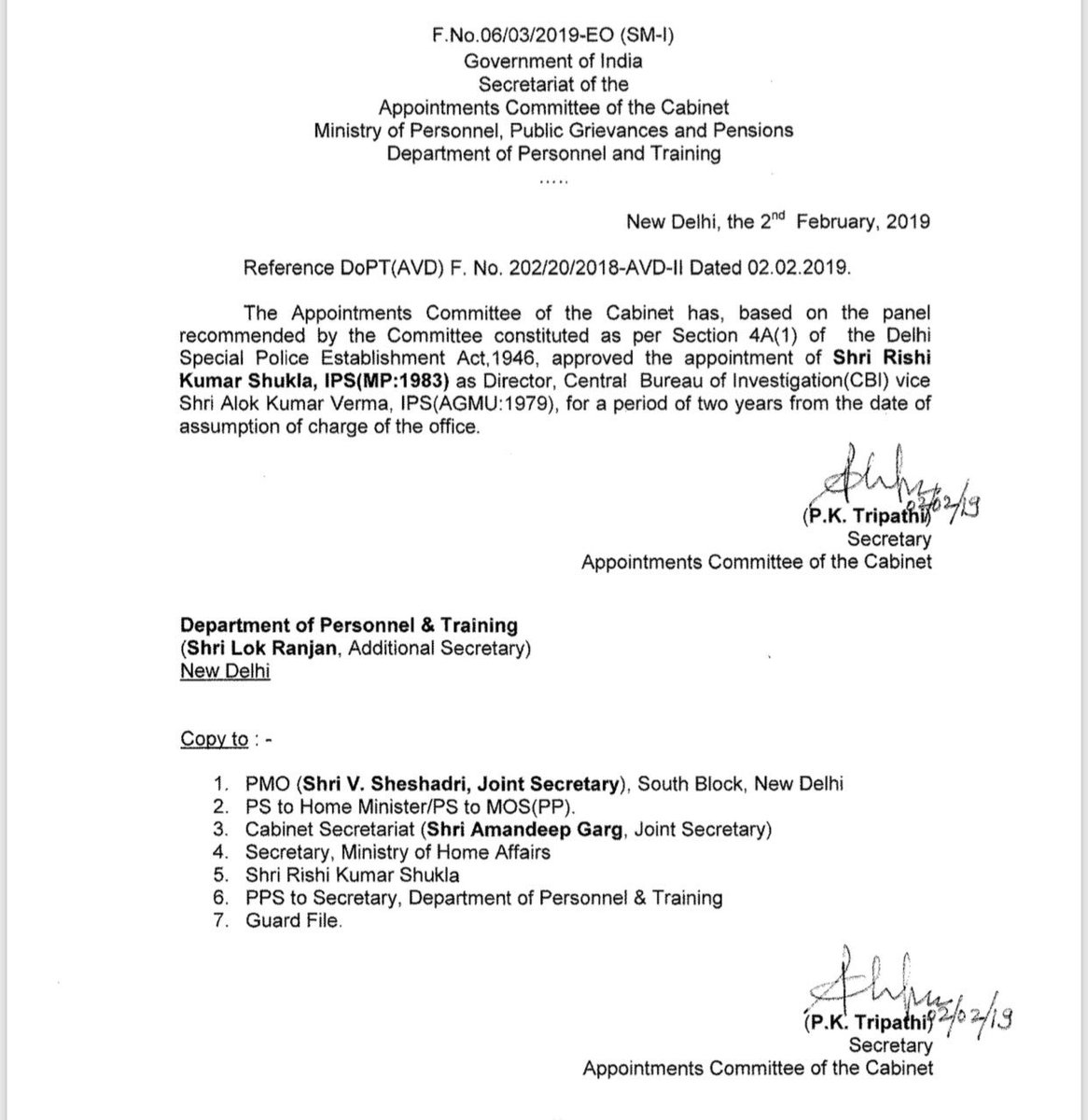 Appointments Committee Cabinet Approved Appointment Rishi Kumar