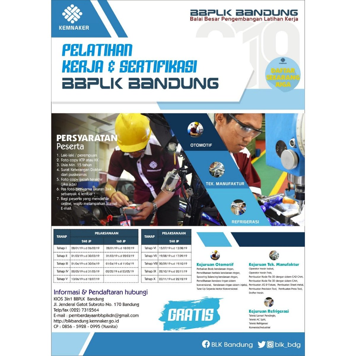 Selamat Sore Kaum Milenial Zaman Now
.

YUK JOIN NOW PELATIHAN GRATIS DARI @blk_bdg untuk Kejuruan :

1. OTOMOTIF
2. TEKNIK MANUFAKTUR
3. TEKNIK PENDINGIN

DAFTARKAN DIRI ANDA DAN TEMEN-TEMAN ANDA KE 
kios3in1.net/001 
Atau bisa langsung dateng ke BLK BANDUNG