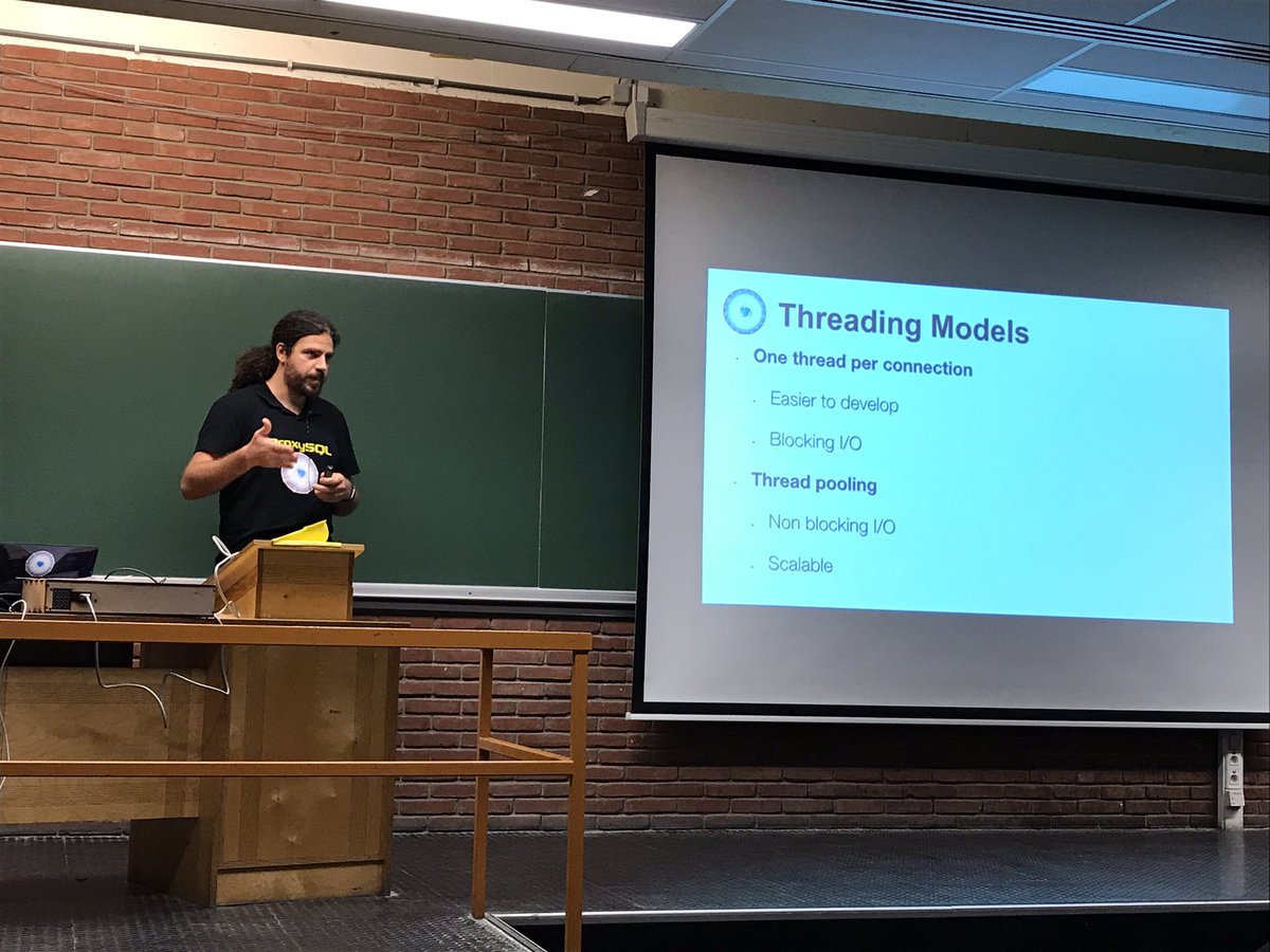 bytebot's tweet image. At @Shopify the @MySQL connections usage dropped to about 5% of the original when they started using @proxysql — another superb talk by @rene_cannao on the art of multiplexing #MySQL connections with #ProxySQL #FOSDEM