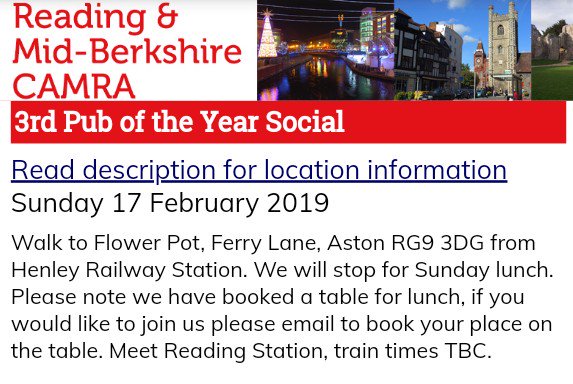 Readingbeerfest's tweet image. Crack out your trainers for the third @ReadingCAMRA pub of the year social - a walk from Henley Station to The Flowerpot in Aston on Sunday 17th Feb. 

#beer #realale #pubwalks #winterdrinking #poty