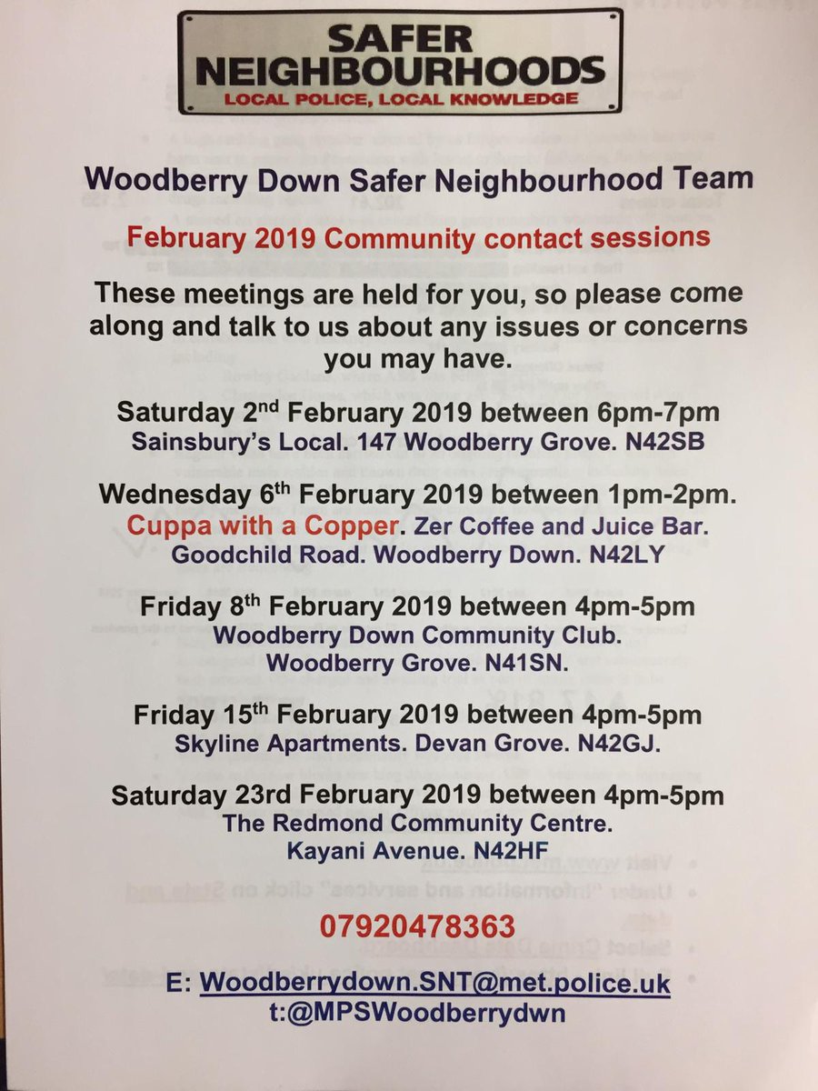 MPSWoodberryDwn's tweet photo. #Dropinsurgery #ContactSession #MeetYourLocalBobbies whatever you want to call them; we have more in #February. These are sessions in addition to the #WardPanelMeeting where you can have a say or pick your local #DedicatedWardOfficer's brains regarding #Policing/#Ward issues. https://t.co/wIpTeVJDVr