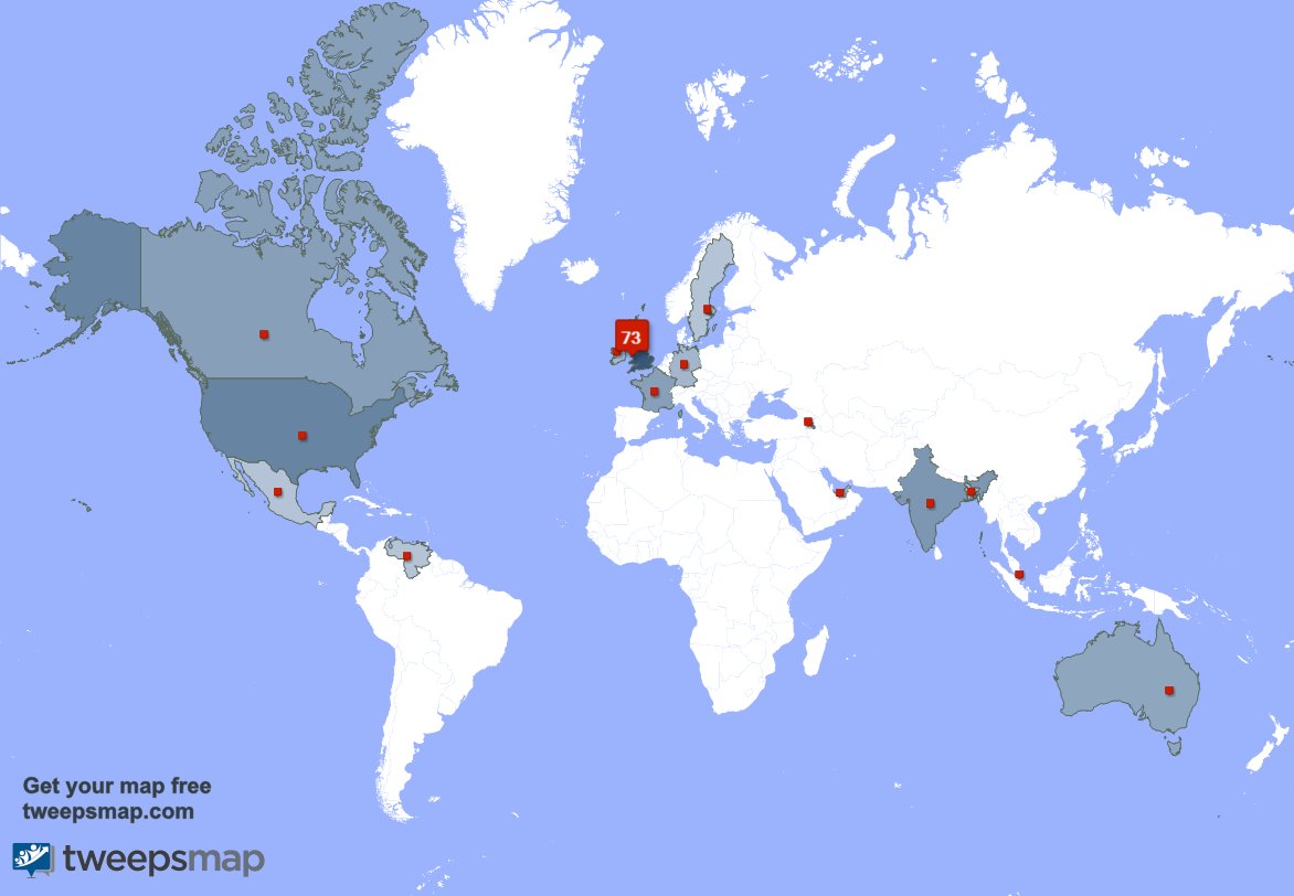 My followers are in UK.(75%), USA(9%)
Get your free map tweepsmap.com/!JChedders