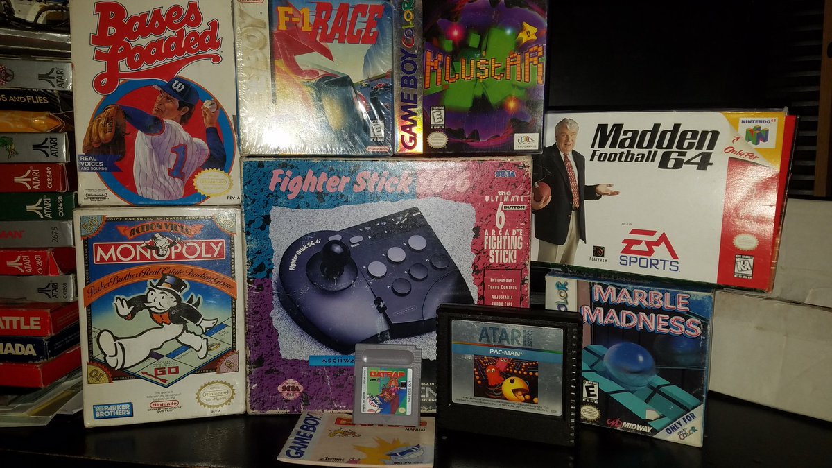 UMKShock's tweet photo. How about we play random select? Hodgepodge pickups for the weekend. Too bad the sticks still in plastic, gotta find a loose 1 cause it's pretty good all things considered. #retrogaming #cartcollecting #nintendo #nes #n64 #gameboy #atari5200 #monopoly #marblemadness #pacman #sega https://t.co/P0dEGwyEsa