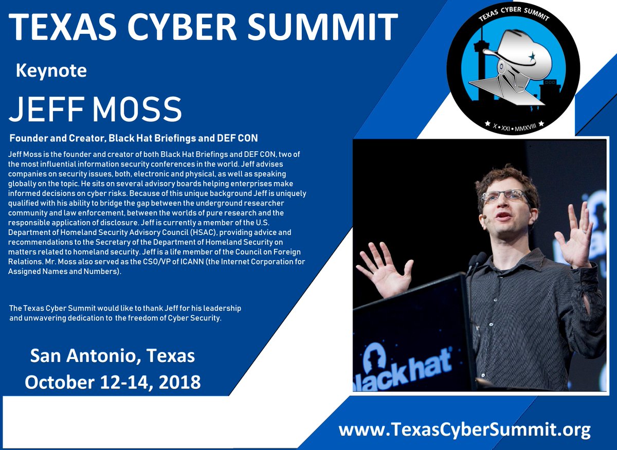 TexasCyberConf's tweet photo. Check out - Jeff Moss @thedarktangent Amazing Keynote at Texas Cyber Summit 2018 - Now available online: https://t.co/mwygD8lWGD #CyberSecurity #defcon #blackhat #TCS2018 #TCS2019 More talks and keynotes coming soon... https://t.co/3OxithX2Cu