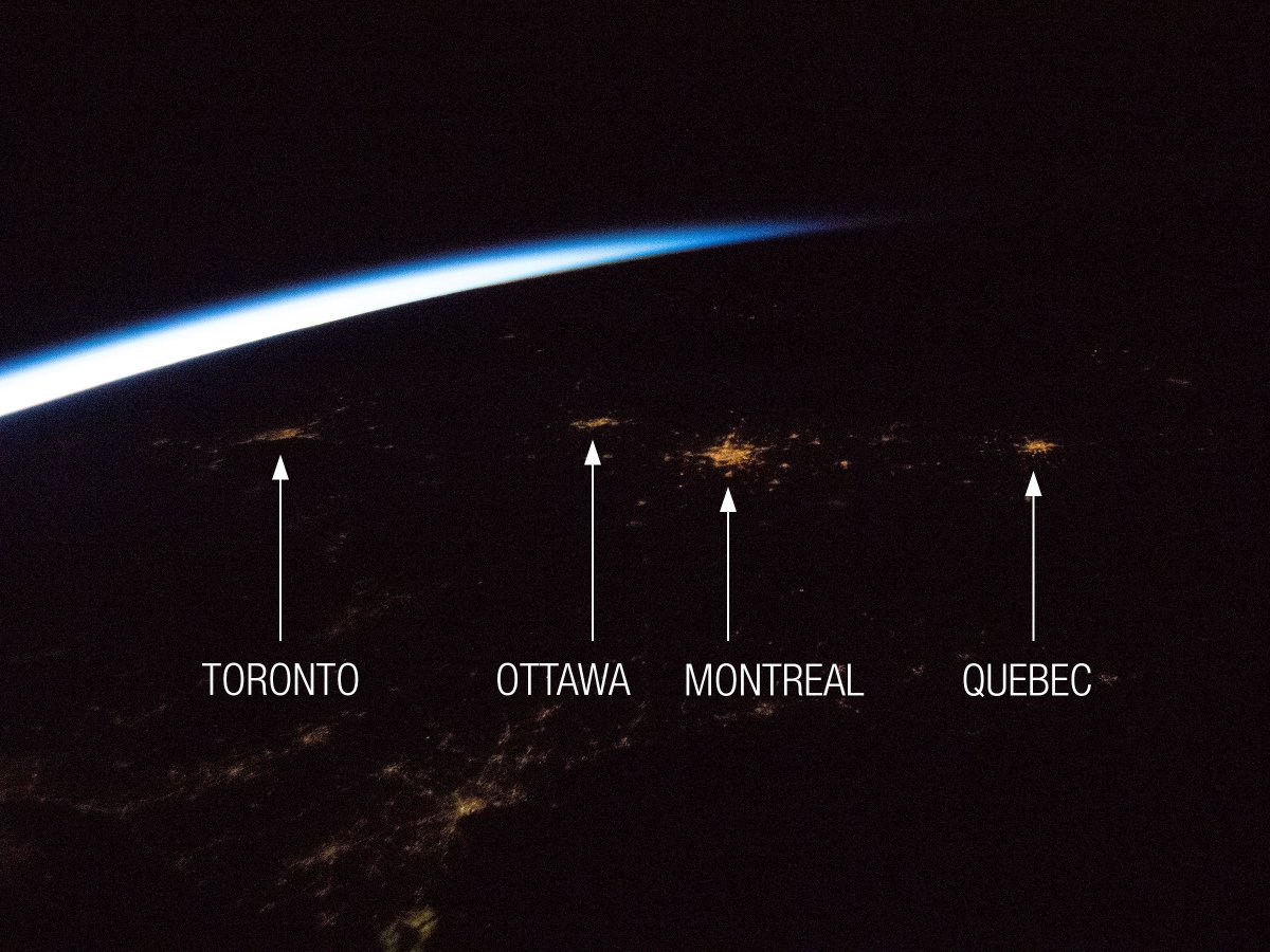 The Toronto-Ottawa-Montreal-Quebec City corridor comes alight after sunset, all visible through one Cupola window.
#DareToExplore #ExploringEarth #EarthObservation