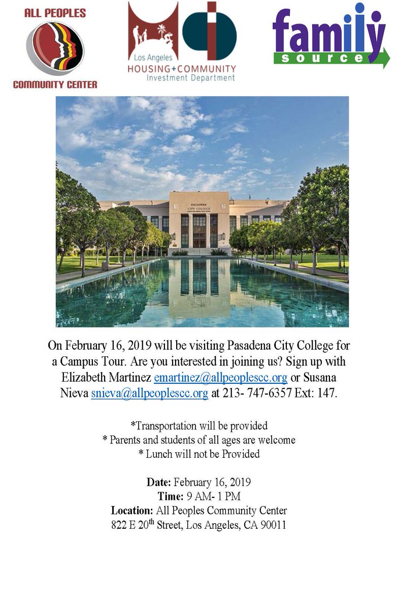 AllPeoplesLA's tweet photo. College Corner: Pasadena City College Campus Tour next Saturday, February 16th at 9am! Sign up now! #CollegeCorner #YouthSource #AllPeoplesYouth https://t.co/iNdv9NEezQ