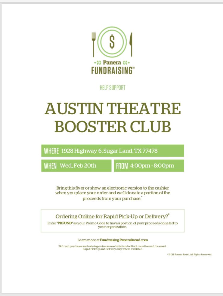 Support Austin Theatre at our next spirit night on February 20th!  We will be holding out monthly booster club meeting at Panera at 6:30. Be there!