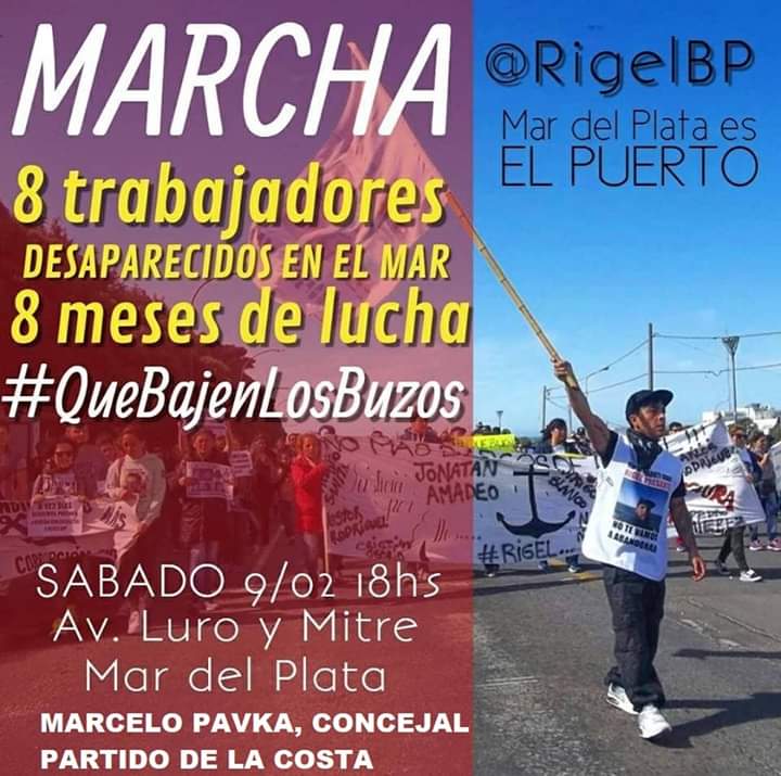 Este 9 de febrero se cumplen 8 meses del hundimiento de #Rigel Los Fliares y amig@s vuelven a marchar pidiendo y exigiendo #QUEBAJENLOSBUZOS a buscar a los tripulantes del bp #Rigel