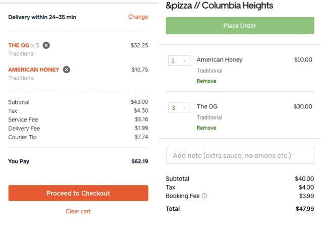 AzizGrieser's tweet photo. I really don't understand how @Caviar plans to compete with @UberEats. They charge a higher platform fee + a bogus delivery fee (not the driver tip). The pizzas are even more expensive for some reason. https://t.co/AyHprLQhsA