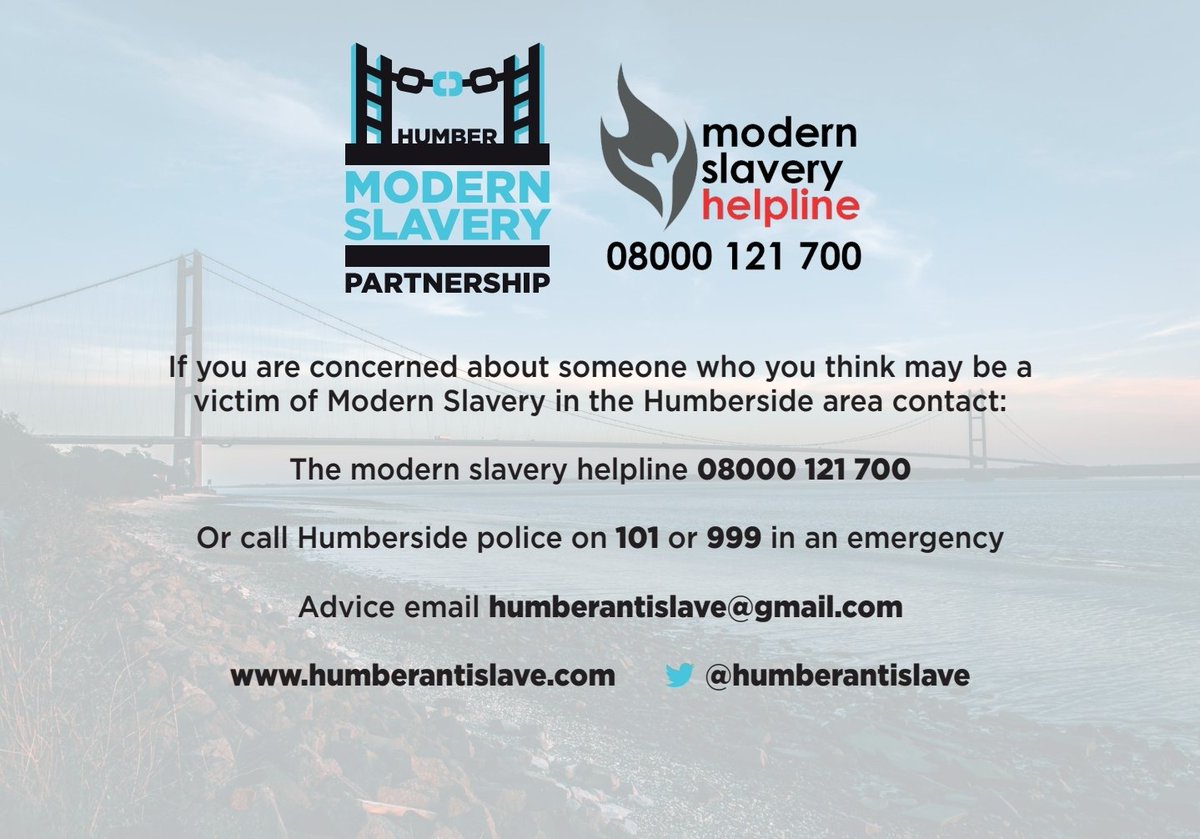 If you have concerns about #forcedlabor #forcedcriminality #exploitation or any other suspicion of #ModernSlavery in the #Humber region you can call @MSHelpline, 101 or for immediate risk to life call 999. You can contact @humberantislave to find out more about modern slavery too
