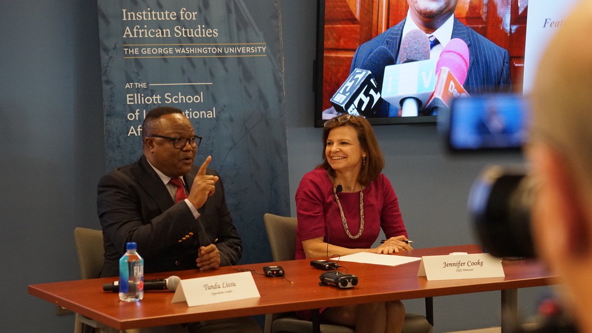 jengcooke's tweet photo. Such an honor to host @TunduLissu at @IAfS_GWU this week. A courageous champion for human rights and democracy, and passionate about Tanzania's future. And he hasn't lost his sense of humor, despite all he's gone through. @ESIAGrad @ElliottSchoolGW https://t.co/zmK4OP4jX4