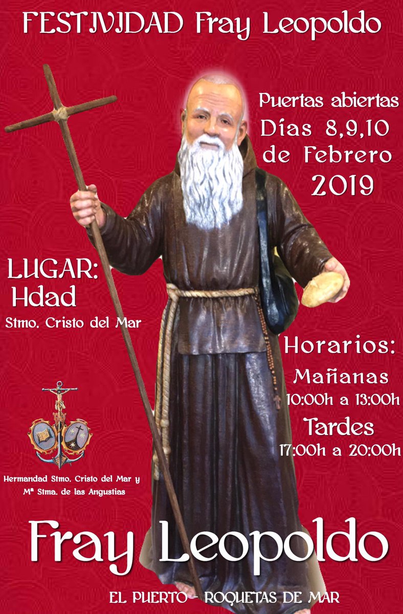 🔶 Informamos que el día 10 de febrero tendrá lugar la Misa en honor al beato a las 11 de la mañana en la Parroquia de Santa Ana y San Joaquin de El Puerto de Roquetas de Mar (Almería).
También habrá el tradicional panecillo y artículos religiosos y velas