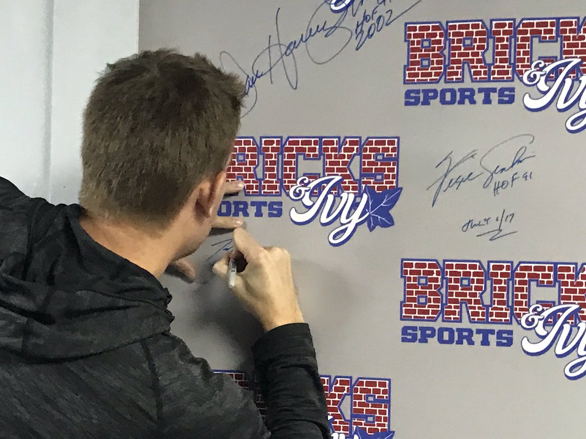 bricksandivysc's tweet photo. It was amazing to have @MikeMontgum22 in the store today. Thanks for adding your signature to our wall of fame!! #LastPitch #2016WSChamp #Monty #Game7Save https://t.co/cisIVe34f0