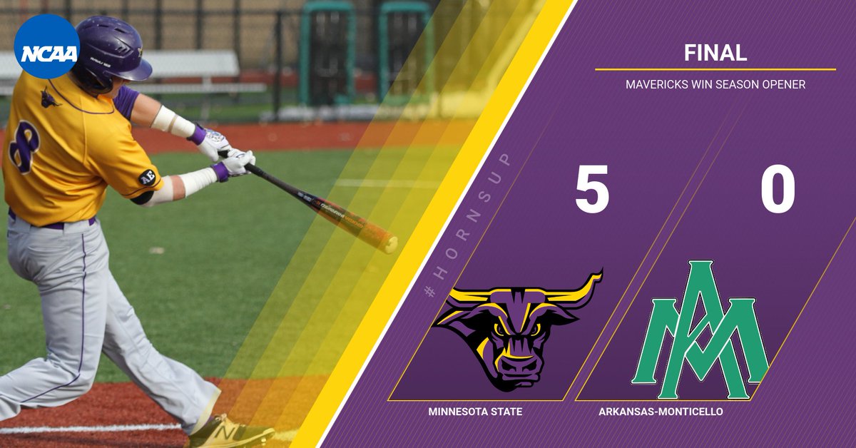 MinnStBaseball's tweet photo. Mavericks take game one and the season opener over the Weevils 5-0! Jon Ludwig (6 inn.) and Jimmy Larson (3 inn.) combine for the shutout. Josh Hart and Ty Buck both go deep for their first of the season. #MavFam #HornsUp #NSICBase https://t.co/3A17leqVV0