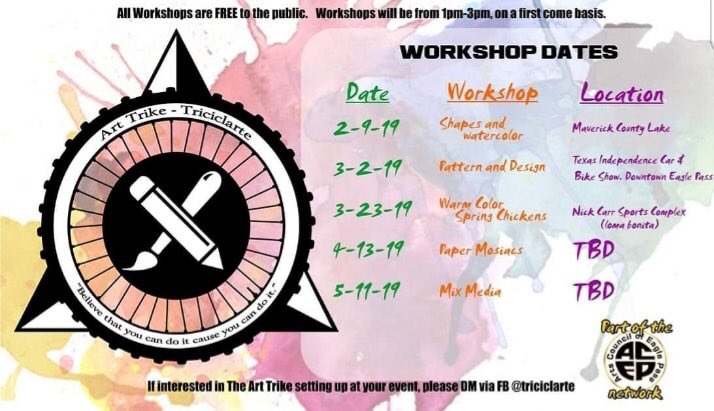 CouncilPass's tweet image. Bring out your creativity and inner artist! Join us for a free art workshop! Head over to the Art Trike at the Maverick County Lake! We're here, we're ready! 💓 #ACEP #artscouncilofeaglepass #triciclarte