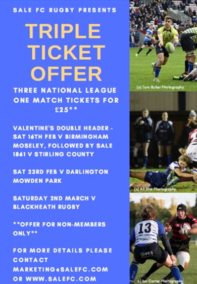 SaleFC's tweet photo. **Non-Members Ticket Offer** Never been to a rugby game before, but wanting to come and see @salefc we have an amazing ticket offer for non-members. It's really simple..3 Home Games, 1 big ticket for just ยฃ25! Buy online https://t.co/NlfEtHkobB or at the club. Children U16 FREE https://t.co/3zYo72Gz7K