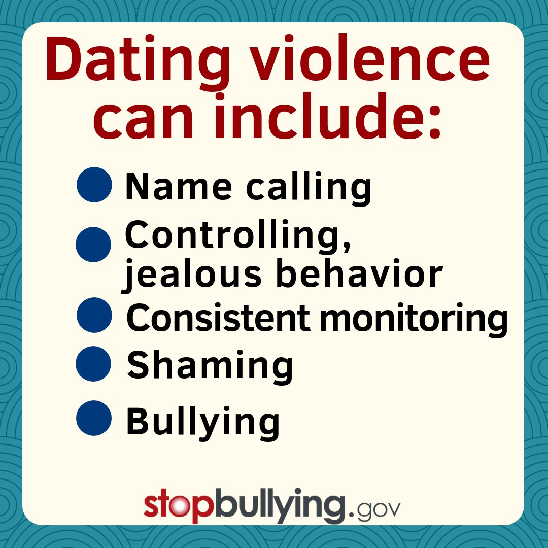 StopBullyingGov's tweet photo. Dating violence can include:
•name calling
•controlling, jealous behavior
•consistent monitoring
•shaming 
•bullying
#StopBullying #Respect #TeenDatingViolenceAwareness #Dating #DatingAdvice #WeekendWisdom https://t.co/flOwaucluW