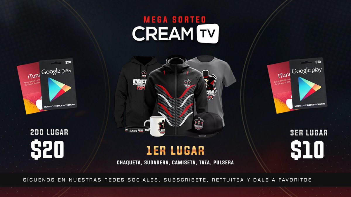 ¡MEGA SORTEO-CREAM TV!

Con motivo de lanzamiento de #CreamTV tenemos un mega sorteo para todos ustedes.

Tres ganadores, cuatro sencillos pasos:

🔺 Seguirnos en nuestras redes sociales
🔺 Subscribirte al canal: youtu.be/Ho-0AaOHemM
🔺 Dar FAV y RT.

¡Mucha suerte a todos!